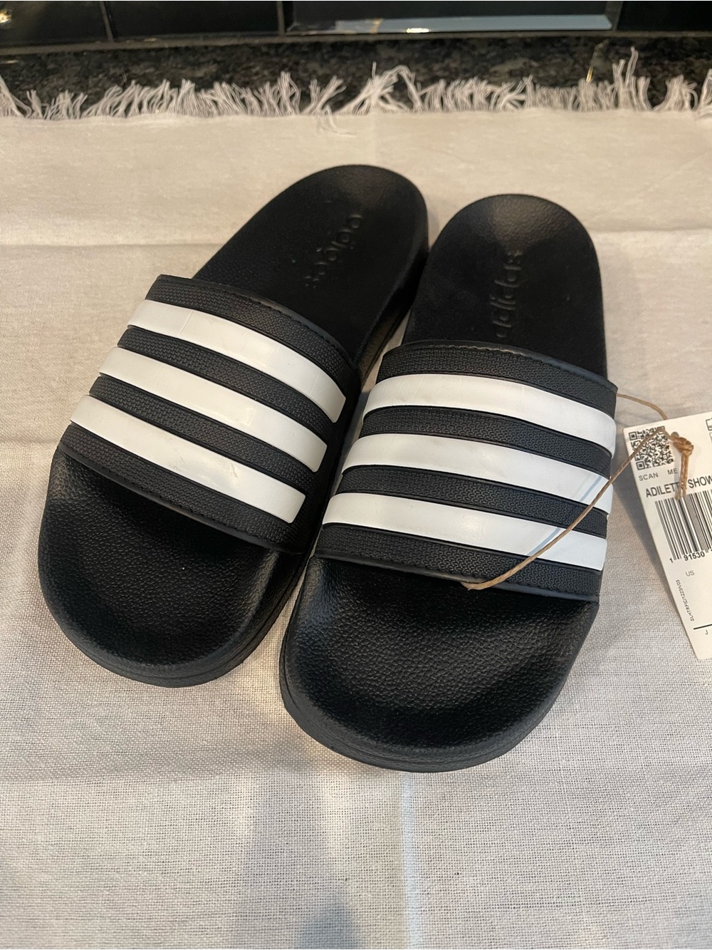 Black & White Shower Slide Sandals with Triple Stripes Addias